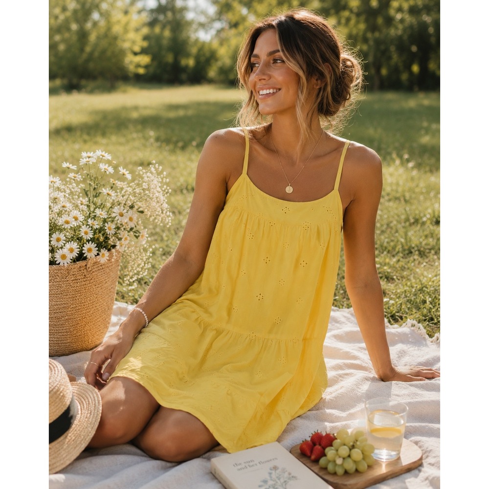 Beachlunchlounge Yellow Eyelet Tiered Mini Dress Cotton WSD5102 Womens Large